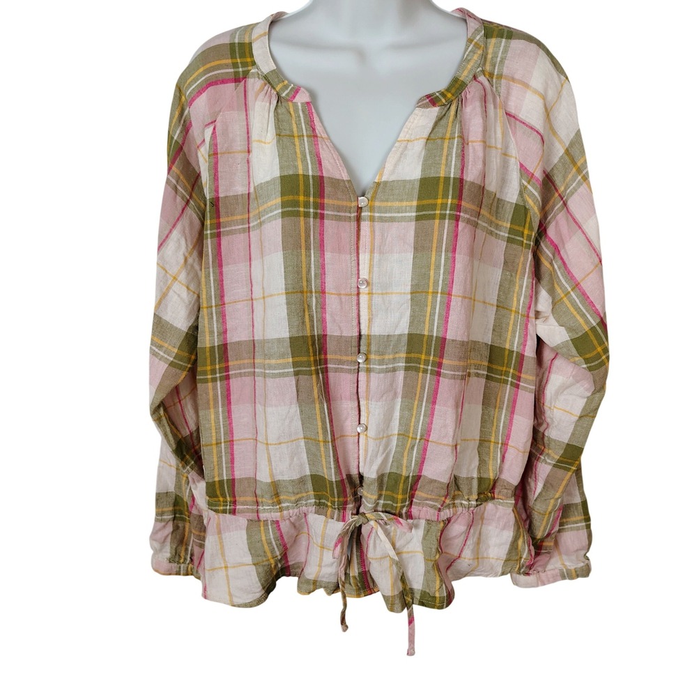Time and Tru XXL Pink Olive Plaid Linen Blend Peplum Tie Waist Blouse loginlook